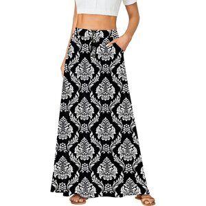 Women's Black FloraHigh Waist Button Front A-Line Long Cozy Pockets Maxi Skirts